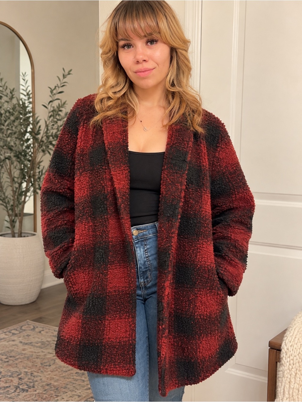 Ava & Viv Red and Black Plaid Teddy Coatigan